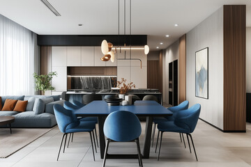 Modern Apartment Interior Design with Blue Wall and Minimalist Dining Room in 3D Rendering