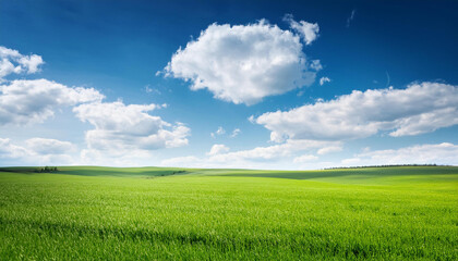Obraz premium Green field under blue clouds sky.