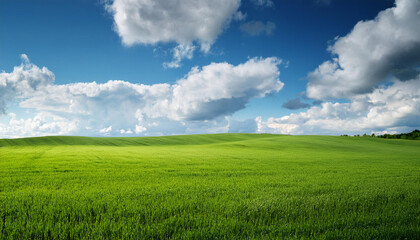 Fototapeta premium Green field under blue clouds sky.