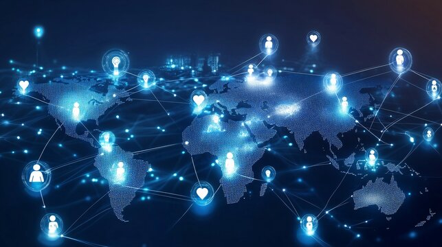 Global Digital Network with Connected People and Icons