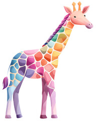 Obraz premium A colorful giraffe with a patchwork pattern of bright hues.