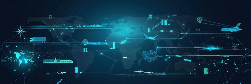 A detailed global map showcasing highlighted transport routes and various transport icons connecting key international locations. Generative AI