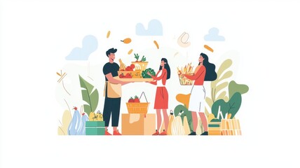 Three people exchanging fresh produce in a vibrant market scene.
