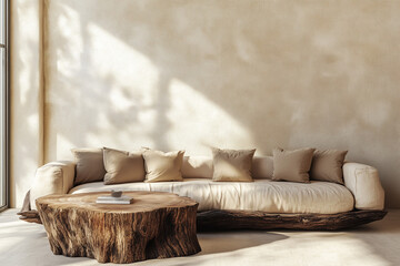 Rustic Sofa with Solid Wood Tree Trunk and Stump Coffee Table in Cozy Modern Living Room Design