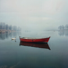  a serene scene of a fog-covered lake with a red boat floating on it, surrounded by white swans.