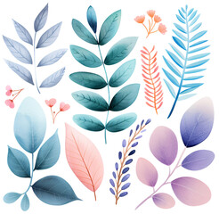 A collection of blue, purple and pink leaves, perfect for floral design or nature themed projects.