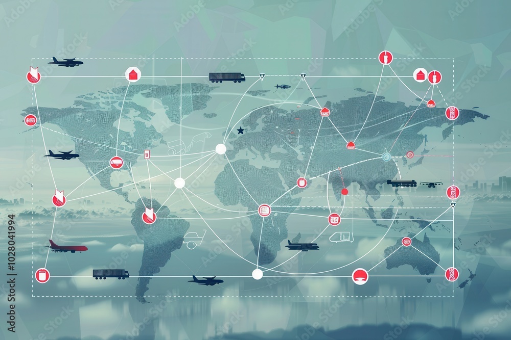 Aufkleber highlighted transport routes and diverse vehicle icons showcase global connectivity and logistics ac