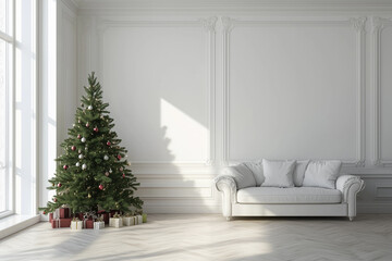 Modern Christmas Tree in a White Room with Cozy Holiday Decor 3D Render for Festive Home Interiors