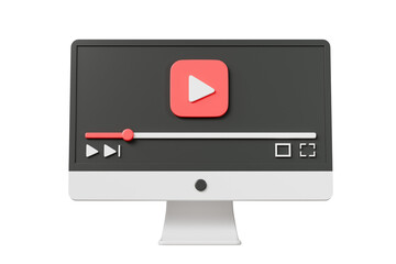 3d Realistic Computer screen playing videos browser icon isolated on white background. Minimal red videos player icon. Playing video player entertainment concept, streaming videos concept. 3d render.