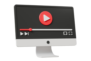 3d Realistic Computer screen playing videos browser icon isolated on white background. Minimal red videos player icon. Playing video player entertainment concept, streaming videos concept. 3d render.