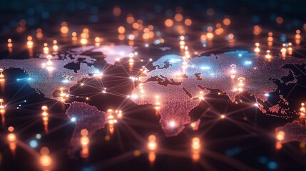 A glowing world map with interconnected lines representing global connectivity.