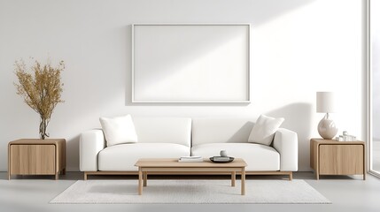 A modern minimalist living room with a sleek white sofa, light wooden furniture, and a blank white frame hanging above a coffee table, creating a fresh and airy feel. 