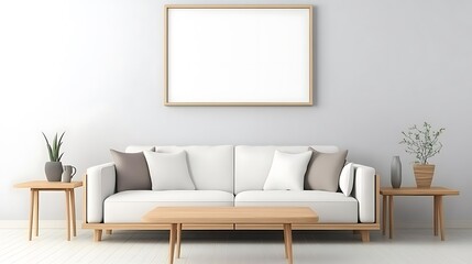 A modern minimalist living room with a sleek white sofa, light wooden furniture, and a blank white frame hanging above a coffee table, creating a fresh and airy feel. 