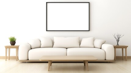 A modern minimalist living room with a sleek white sofa, light wooden furniture, and a blank white frame hanging above a coffee table, creating a fresh and airy feel. 
