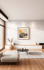 Boho and Scandinavian interior design of modern living room featuring an accent armchair and large frame on a grey wall.