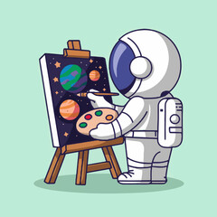 An illustration of an astronaut wearing a white spacesuit with a helmet, standing next to an easel
