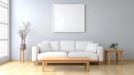 A modern minimalist living room with a sleek white sofa, light wooden furniture, and a blank white frame hanging above a coffee table, creating a fresh and airy feel. 