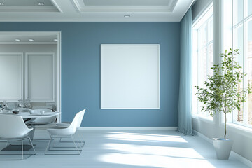 Fototapeta premium Modern Apartment Interior Design with Blue Wall and Minimalist Dining Room in 3D Rendering