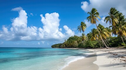 Serene tropical beach with palm trees and turquoise sea under a blue sky.