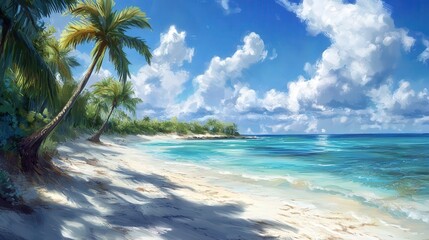 Tranquil tropical beach with palm trees and clear blue waters.