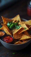 A bowl of tortilla chips served with salsa and dip, garnished with fresh herbs.