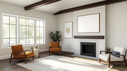 Fototapeta premium A cozy traditional living room featuring dark wooden beams, a warm color palette, and a blank white frame above the fireplace, ready for a family portrait or artwork.