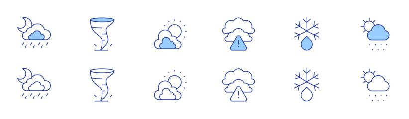 Weather icon set in two styles, Duotone and Thin Line style. Editable stroke. bad weather, defrost, meteorology, snowy, tornado, weather