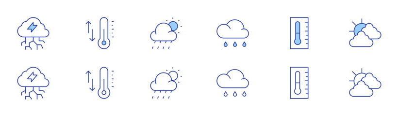 Weather icon set in two styles, Duotone and Thin Line style. Editable stroke. storm, temperature, rainy day, rainy, thermometer, weather