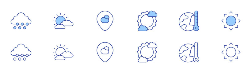 Weather icon set in two styles, Duotone and Thin Line style. Editable stroke. sunny, global warming, sun, snow, weather, cloudy