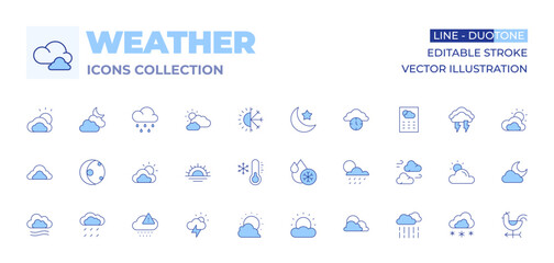 Weather icons collection. Line Duotone style, editable stroke. cloudy, cold water, moon phase, time, sunset, temperature, weather, rain, clouds, cloudy night, moon, cloud