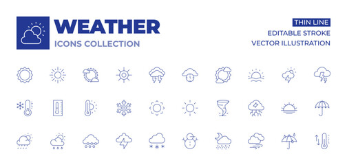 Weather icons collection. Thin Line icons, editable stroke. snow, snowflake, snowing, snowman, sun, thermometer, thunder, snowy, storm, tornado, windy, rainy day, rainy, temperature