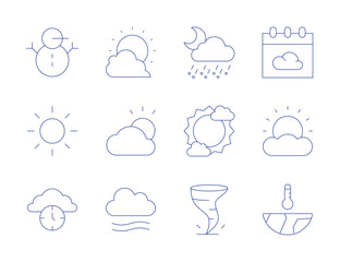 Weather icons. Thin Line style, editable stroke. bright, calendar, cloudy, fog, global warming, snowman, sun, time, snowy, sunny, tornado