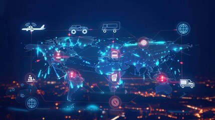 A detailed digital map displays global transport routes, highlighted in blue, with different transport icons representing travel modes. Generative AI