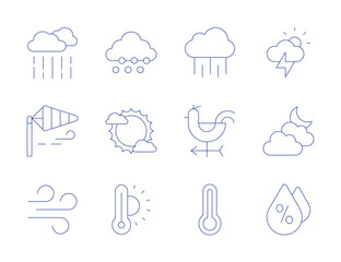 Weather icons. Thin Line style, editable stroke. snow, sun, thermometer, wind direction, wind signal, wind, rain, temperature, cloudy night, humidity, storm