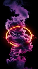 Purple and pink smoke with glowing light on black background