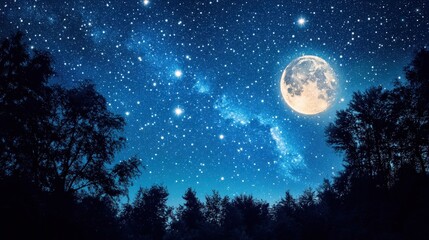 Fototapeta premium Starry night sky with a bright full moon over a serene forest landscape.