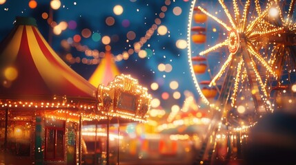 Obraz premium Brightly lit carnival scene with a Ferris wheel at night.