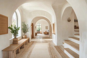 Fototapeta premium Boho Mediterranean Interior Design with Modern Arched Wall and Stylish Home Entryway