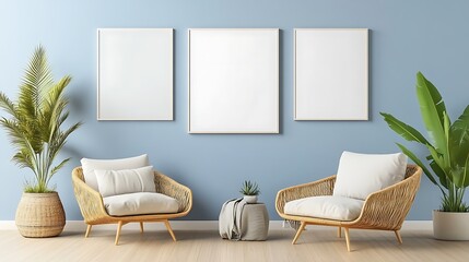 A coastal-themed living room with pale blue walls, rattan furniture, and a blank white frame positioned above a comfy armchair, inviting customization with beach-themed art.
