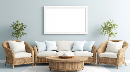 A coastal-themed living room with pale blue walls, rattan furniture, and a blank white frame positioned above a comfy armchair, inviting customization with beach-themed art.