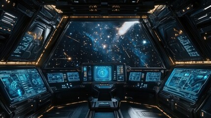 Futuristic spaceship cockpit with a stunning galaxy view.