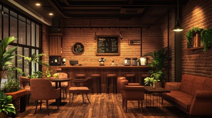 Fototapeta premium Cozy modern cafe with warm lighting and lush greenery.