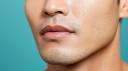 Obraz premium Closeup of an Asian man s face with perfectly smooth, eventoned skin, giving a fresh, youthful appearance eventoned skin, smooth complexion, youthful look