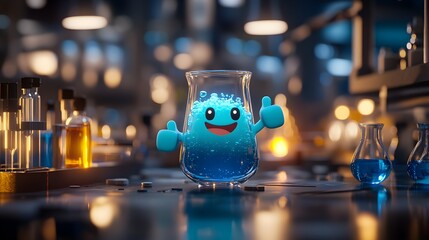 A vibrant cartoon test tube character with a cheerful smile, giving a thumbs up, filled with bubbling blue liquid, glowing softly in a lab setting