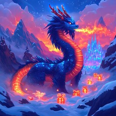 Majestic Fire-Breathing Dragon in Snowy Mountains with Glowing Villages and Fiery Sunset Sky - A Fantasy Digital Art Masterpiece