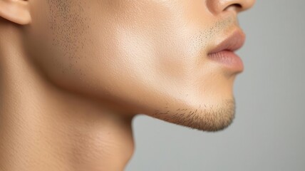 Obraz premium Closeup of an Asian man s face with smooth skin and subtle highlights along the cheekbones and nose subtle highlights, smooth skin, sharp features