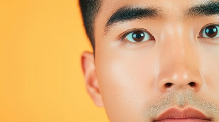 Closeup of an Asian man s face with smooth skin and subtle highlights along the cheekbones and nose   subtle highlights, smooth skin, sharp features