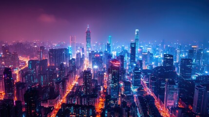 Fototapeta premium Vibrant skyline of a city illuminated by neon lights at night.