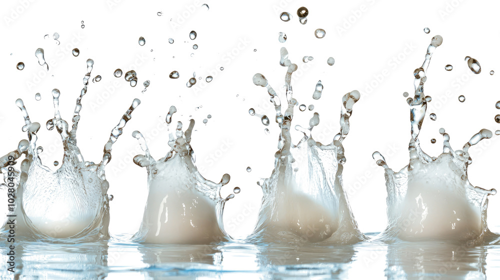 Poster dynamic milk splashes creating artistic effects on a white background generative ai