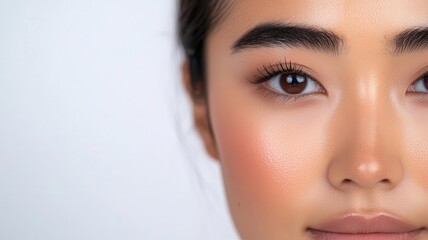 Fototapeta premium Closeup of an Asian man s face with smooth skin and subtle highlights along the cheekbones and nose subtle highlights, smooth skin, sharp features